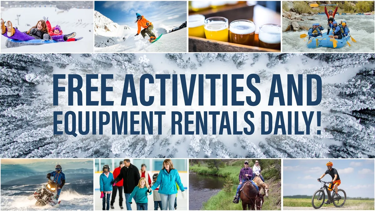 An energetic collage of people enjoying various outdoor activities: skiing, snowboarding, river rafting, biking, and socializing over drinks. The joyful mood and diversity of sports mirror the section's promise of year-round adventure and group fun.