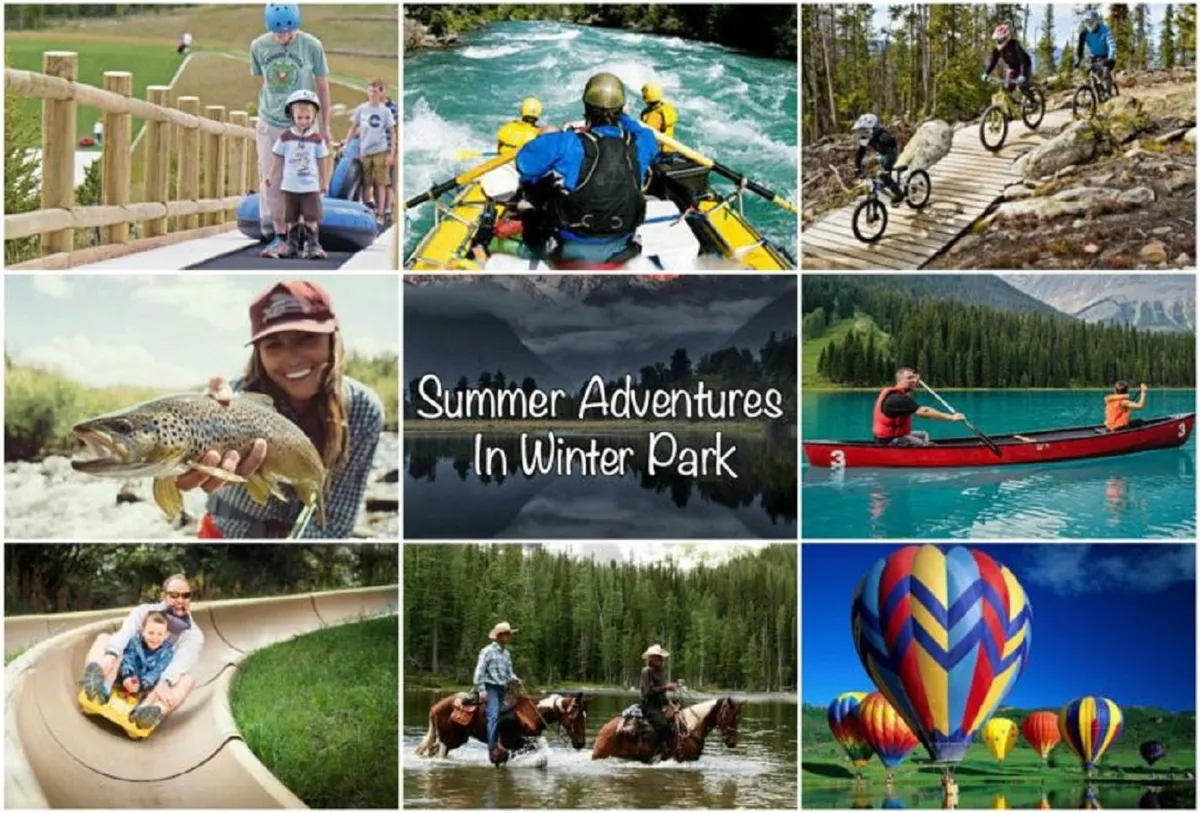 A collage of families participating in outdoor and adventure activities, such as rafting, biking, fishing, horseback riding, and children playing. Hot air balloons float overhead, adding a festive and adventurous touch to the scene.
