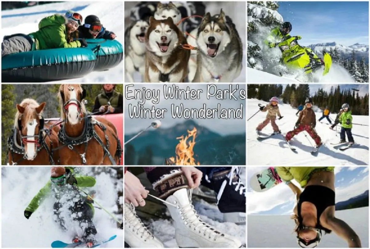 A lively winter scene featuring families and children enjoying activities like tubing, dog sledding, snowmobiling, and playing in the snow, set against a backdrop of snowy landscapes. Groups are gathered around a campfire, sharing laughs and creating joyful memories.